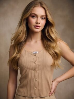 Beige Ribbed Button-Front Tank Top